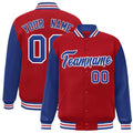Custom Red & Royal Blue & White Color Block Satin Full-Snap Varsity Jacket - front view