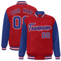 Personalized Red & Royal Blue & White Color Block Satin Full-Snap Varsity Jacket - front view