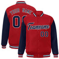 Custom Red & Navy & White Color Block Satin Full-Snap Varsity Jacket - front view