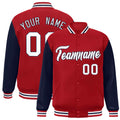 Custom Red & Navy & White Color Block Satin Full-Snap Varsity Jacket - front view