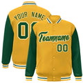 Custom Gold & Green & White Color Block Satin Full-Snap Varsity Jacket - front view