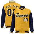 Custom Gold & Navy & White Color Block Satin Full-Snap Varsity Jacket - front view