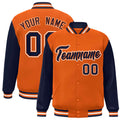 Custom Orange & Navy & White Color Block Satin Full-Snap Varsity Jacket - front view