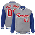 Custom Gray & Royal Blue & White Color Block Satin Full-Snap Varsity Jacket - front view