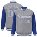 Personalized Gray & Royal Blue & White Color Block Satin Full-Snap Varsity Jacket - front view