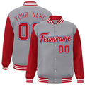 Custom Gray & Red & White Color Block Satin Full-Snap Varsity Jacket - front view
