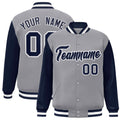 Personalized Gray & Navy & White Color Block Satin Full-Snap Varsity Jacket - front view