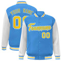 Custom Powder Blue & White & Gold Color Block Satin Full-Snap Varsity Jacket - front view