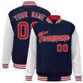Custom Navy & White & Red Color Block Satin Full-Snap Varsity Jacket - front view
