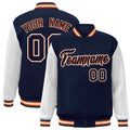 Personalized Navy & White & Orange Color Block Satin Full-Snap Varsity Jacket - front view