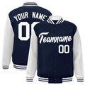 Custom Navy & White Color Block Satin Full-Snap Varsity Jacket - front view