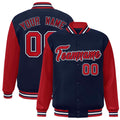Custom Navy & Red & White Color Block Satin Full-Snap Varsity Jacket - front view