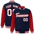 Personalized Navy & Red & White Color Block Satin Full-Snap Varsity Jacket - front view
