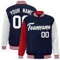 Custom Navy & White & Red Color Block Satin Full-Snap Varsity Jacket - front view