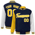 Custom Navy & Gold & Gray Color Block Satin Full-Snap Varsity Jacket - front view