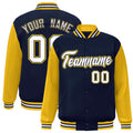 Personalized Navy & Gold & White Color Block Satin Full-Snap Varsity Jacket - front view