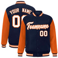 Custom Navy & Orange & White Color Block Satin Full-Snap Varsity Jacket - front view