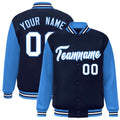 Custom Navy & White & Powder Blue Color Block Satin Full-Snap Varsity Jacket - front view