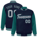 Personalized Navy & Teal & Gray Color Block Satin Full-Snap Varsity Jacket - front view