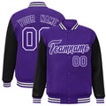 Custom Purple & Black & White Color Block Satin Full-Snap Varsity Jacket - front view