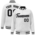 Custom White & Black & Gray Striped Trim Satin Full-Snap Varsity Jacket - front view