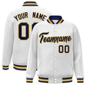 Custom White & Navy & Gold Striped Trim Satin Full-Snap Varsity Jacket - front view