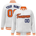 Custom White & Orange & Navy Striped Trim Satin Full-Snap Varsity Jacket - front view