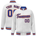 Personalized White & Royal Blue & Orange Striped Trim Satin Full-Snap Varsity Jacket - front view
