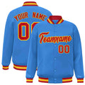 Custom Powder Blue & Red & Gold Striped Trim Satin Full-Snap Varsity Jacket - front view