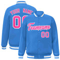Custom Powder Blue & Pink & White Striped Trim Satin Full-Snap Varsity Jacket - front view