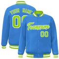 Personalized Powder Blue & Neon Green & White Striped Trim Satin Full-Snap Varsity Jacket - front view