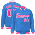 Custom Powder Blue & Pink & White Striped Trim Satin Full-Snap Varsity Jacket - front view