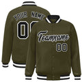 Personalized Olive & Black & White Striped Trim Satin Full-Snap Varsity Jacket - front view