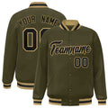 Custom Olive & Black & Old Gold Striped Trim Satin Full-Snap Varsity Jacket - front view