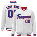 Custom White & Royal Blue & Red Striped Trim Satin Full-Snap Varsity Jacket - front view