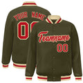 Custom Olive & Red & Khaki Striped Trim Satin Full-Snap Varsity Jacket - front view