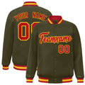 Personalized Olive & Red & Gold Striped Trim Satin Full-Snap Varsity Jacket - front view