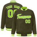 Custom Olive & Neon Green & White Striped Trim Satin Full-Snap Varsity Jacket - front view