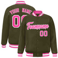 Custom Olive & Pink & White Striped Trim Satin Full-Snap Varsity Jacket - front view