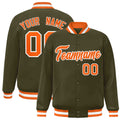 Personalized Olive & Orange & White Striped Trim Satin Full-Snap Varsity Jacket - front view