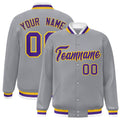 Custom Gray & Purple & Gold Striped Trim Satin Full-Snap Varsity Jacket - front view