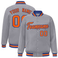 Personalized Gray & Orange & Royal Blue Striped Trim Satin Full-Snap Varsity Jacket - front view