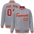 Custom Gray & Crimson & Khaki Striped Trim Satin Full-Snap Varsity Jacket - front view