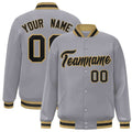 Custom Gray & Black & Old Gold Striped Trim Satin Full-Snap Varsity Jacket - front view