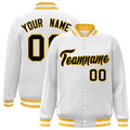 Custom White & Black & Gold Striped Trim Satin Full-Snap Varsity Jacket - front view