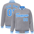 Personalized Gray & Powder Blue & White Striped Trim Satin Full-Snap Varsity Jacket - front view