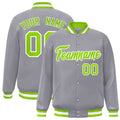 Custom Gray & Neon Green & White Striped Trim Satin Full-Snap Varsity Jacket - front view