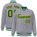 Personalized Gray & Green & Gold Striped Trim Satin Full-Snap Varsity Jacket - front view