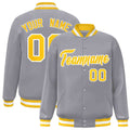 Custom Gray & Gold & White Striped Trim Satin Full-Snap Varsity Jacket - front view