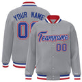 Personalized Gray & Royal Blue & White Striped Trim Satin Full-Snap Varsity Jacket - front view